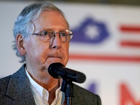 Senate Majority Leader Mitch McConnell (R-KY) speaks at the final campaign event of his 2020 campaign for U.S. Senate during a stop in Versailles, Kentucky, November 2, 2020.
