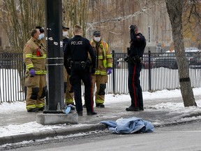 Calgary police investigate after two pedestrians were hit at a crosswalk on 17th Ave. and 6th St. S.W., sending them to hospital in serious condition in Calgary on Sunday, Nov. 22, 2020.