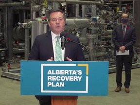 A video frame grab of Premier Jason Kenney announcing new Emissions Reduction Alberta programs supported by Alberta’s industry-funded Technology Innovation and Emissions Reduction system and federal dollars.