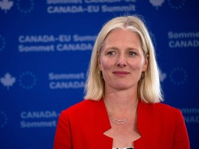 In this file photo Canadian Minister of Environment and Climate Change Catherine McKenna participates in a signing ceremony during the Canada-EU Summit in Montreal on July 18, 2019.