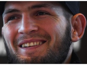 In this file photo taken on November 26, 2018, Khabib Nurmagomedov gives a press conference in Moscow.