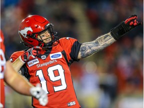 Calgary Stampeders quarterback Bo Levi Mitchell celebrates after a touchdown against the Winnipeg Blue Bombers during CFL football in Calgary on Saturday, October 19, 2019. Al Charest/Postmedia