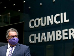 Calgary Mayor Naheed Nenshi speaks to media outside Council Chambers in Calgary on Tuesday, October 13, 2020.