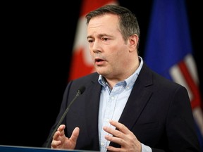 Premier Jason Kenney speaks during a provincial COVID-19 update at the Federal Building at the Alberta Legislature in Edmonton in this photo from Friday, March 27.