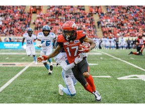 Calgary Stampeders receiver Markeith Ambles carries the ball during a regular-season game against the Toronto Argonauts at McMahon Stadium in this photo from July 18, 2019. File photo by Azin Ghaffari/Postmedia.