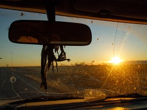 The sun rises through the windshield of my FJ Cruiser on Wednesday, December 2, 2020.