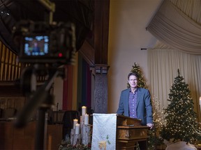 Lead Minister Reverend John Pentland speaks to the camera during the recording of Hillhurst United Church’s Christmas Eve service on Friday, Dec. 18, 2020. Since the beginning of the coronavirus pandemic congregates at Hillhurst United Church have been attending online services via the church’s website.
