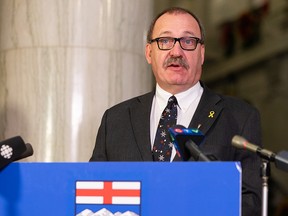 Ric McIver, Alberta’s minister of transportation, speaks during a news conference at the Alberta Legislature in Edmonton, on Tuesday, Dec. 1, 2020.