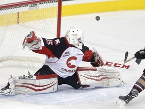 Calgary Hitmen Andrew Fyten, right, takes a shot on Prince George Cougars goalie Taylor Gauthier in WHL action at the Scotiabank Saddledome in Calgary, on Sunday, October 22, 2017. Leah Hennel/Postmedia