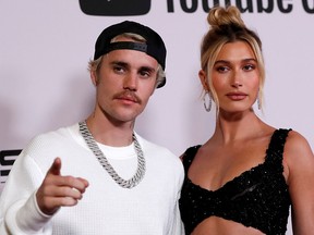 Justin Bieber and his wife Hailey pose at the premiere for the documentary television series "Justin Bieber: Seasons" in Los Angeles January 27, 2020.
