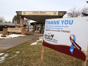 A sign thanks employees working in the Clifton Manor seniors faculty in Calgary on Tuesday, Dec. 8, 2020.