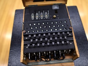 In this Oct. 22, 2015 file photo, a rare and fully-functional German Naval four-rotor Enigma enciphering machine (M4), is seen at Bonhams New York.