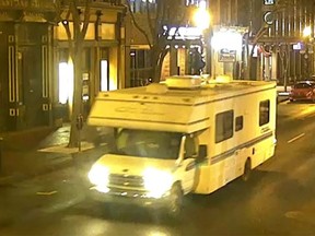 In this handout image, a screengrab of surveillance footage shows the recreational vehicle suspected of being used in the Christmas day bombing in Nashville, Dec. 25, 2020.