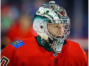 Calgary Flames Dustin Wolf during Battle of Alberta prospects game in Calgary at Scotiabank Saddledome against the Edmonton Oilers on Tuesday September 10, 2019. Al Charest / Postmedia