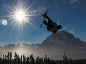 A skier enjoys the terrain park at Lake Louise ski resort west of Calgary on Saturday, Dec. 12, 2020.