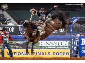 Zeke Thurston has made himself at home finishing third at this week's National Finals Rodeo in Arlington, Texas. Photo courtesy Scott Augustine/Special to Postmedia.