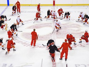 The Calgary Flames take part in training camp at the Scotiabank Saddledome on Wednesday, Jan. 13, 2021.