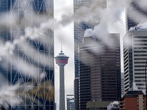 Calgary skyline is pictured on a cold day of -15 on Tuesday, Jan. 26, 2021.