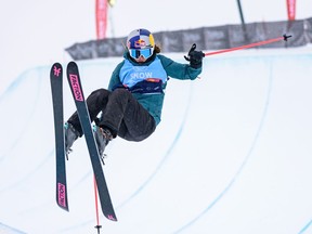 Eileen Ailing Gu, of China, competes in women’s FIS Freeski World Cup 2020 qualification round at WinSport in Calgary on Feb. 12, 2020.