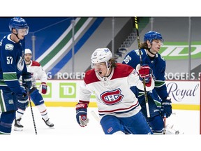 Montreal Canadiens Tyler Toffoli celebrates after scoring his third goal of the game against the Vancouver Canucks during NHL hockey action at Rogers Arena on January 20, 2021 in Vancouver, Canada.