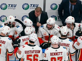 EDMONTON, ALBERTA - AUGUST 13:  Head coach Geoff Ward of the Dallas Stars speaks to his team following a goal by Miro Heiskanen #4 of the Dallas Stars in Game Two of the Western Conference First Round during the 2020 NHL Stanley Cup Playoffs at Rogers Place on August 13, 2020 in Edmonton, Alberta, Canada.