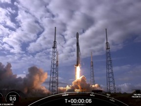 This SpaceX handout video frame grab image obtained on Jan. 24, 2021 shows the SpaceX Falcon 9 liftoff in Cape Canaveral, Fla.