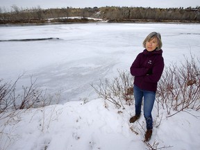 Jean Woeller, President and chair of a group lobbying against a flood berm in Bowness in Calgary on Tuesday, Jan. 19, 2021.
