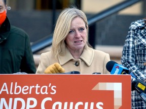 Alberta's Leader of the Opposition Rachel Notley speaks to reporters outside the McDougall Centre. Monday, Jan. 18, 2021.