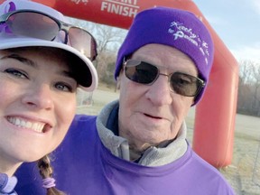 Melanie Behm poses with her grandpa, Jim Wood, prior to running in a charity run for pancreatic cancer in 2019. Behm is furious that Alberta MLAs and government staff members flouted the spirit of Alberta's COVID-19 restrictions to travel to sunny vacation spots, while she was not allowed to visit her grandfather who lives in Edmonton, like her.