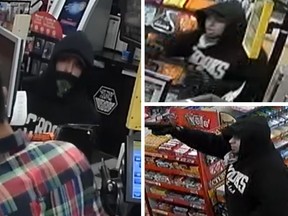 CCTV images obtained of a convenience store armed robbery suspect, described as a white man in his 20s or 30s.