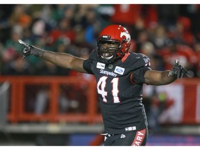 Calgary Stampeders defensive end Cordarro Law celebrates a sack against the Saskatchewan Roughriders in Calgary on Oct. 11, 2019.