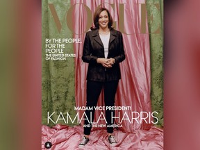 The cover of the print edition of Vogue with Kamala Harris wearing an espresso-coloured blazer by Donald Deal, black pants and Converse sneakers.