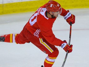 Calgary Flames Derek Ryan lets a shot go during NHL hockey training camp at the Saddledome in Calgary on Wednesday January 6, 2021.