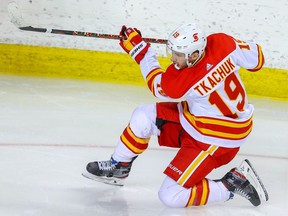 Matthew Tkachuk plays in a Calgary Flames intrasquad game at the Saddledome in Calgary on Monday, Jan. 11, 2021.