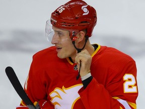 Calgary Flames Michael Stone during warm-up before an intrasquad game at NHL training camp in Calgary on Monday January 11, 2021. Al Charest / Postmedia