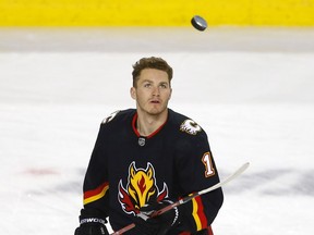 Calgary Flames Matthew Tkachuk during warm up before taking on the Vancouver Canucks at the Scotiabank Saddledome in Calgary on Wednesday, February 17, 2021. Darren Makowichuk/Postmedia