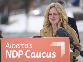 Alberta NDP Leader Rachel Notley speaks at a press conference outside Rockyview General Hospital on Tuesday, February 23, 2021.