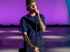 Justin Bieber performs "10,000 Hours" from the Hollywood Bowl at the 54th annual Country Music Association Awards in Los Angeles, November 11, 2020.