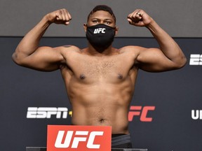In this UFC handout, Curtis Blaydes poses on the scale during the UFC weigh-in at UFC APEX on Feb. 19, 2021 in Las Vegas, Nevada.