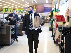 Premier Jason Kenney at a news teleconference from Belmont Sobeys in northeast Edmonton on Wednesday, Feb. 10, 2021.
