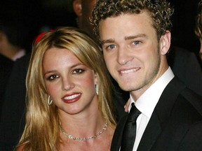 Britney Spears and Justin Timberlake attend the Clive Davis pre Grammy party at the Beverly Hilton on Feb. 26, 2002 in Los Angeles.
