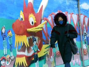 A woman walks by a mural in Chinatown as celebrations to celebrate the Lunar New Year will be limited due to COVID in Calgary on Thursday, Feb. 11, 2021.