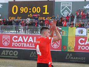 Dominck Zator, then with Cavalry FC, salutes the fans following Leg 2 of the Canadian Premier League Championship  between Forge FC and the Cavs at ATCO Field at Spruce Meadows in Calgary in this photo from Nov. 2, 2019.