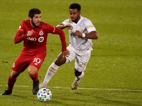 Toronto FC midfielder Alejandro Pozuelo in action in East Hartford in 2020.