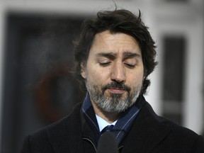 Prime Minister Justin Trudeau speaks during a news conference on the COVID-19 pandemic outside his residence at Rideau Cottage in Ottawa, on Tuesday, Jan. 26, 2021.
