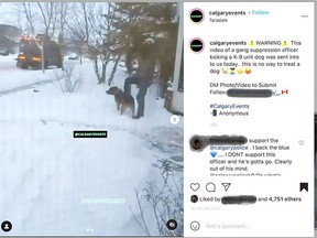 A screen grab from the @calgaryevents Instagram page shows a Calgary Police officer and a dog at a call in Calgary. The incident was posted on Wednesday night. Screengrab/ @calgaryevents/Instagam