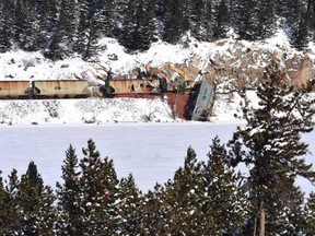 Photos show the aftermath of a train derailment along the edge of Crowsnest Lake that happened on Friday, Feb. 12.