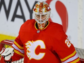 Calgary Flames goalie Jacob Markstrom during warm-up before a game against the Winnipeg Jets in NHL hockey  in Calgary on Tuesday February 9, 2021. Al Charest / Postmedia