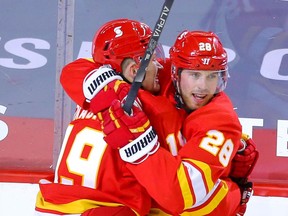 Calgary Flames forward Elias Lindholm -- shown here celebrating a goal with teammate Matthew Tkachuk during a recent game against the Winnipeg Jets -- is his team's leader in average ice-time per game.