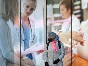 A woman walks past a medical advertisement in downtown Calgary on Thursday, Feb. 25, 2021.